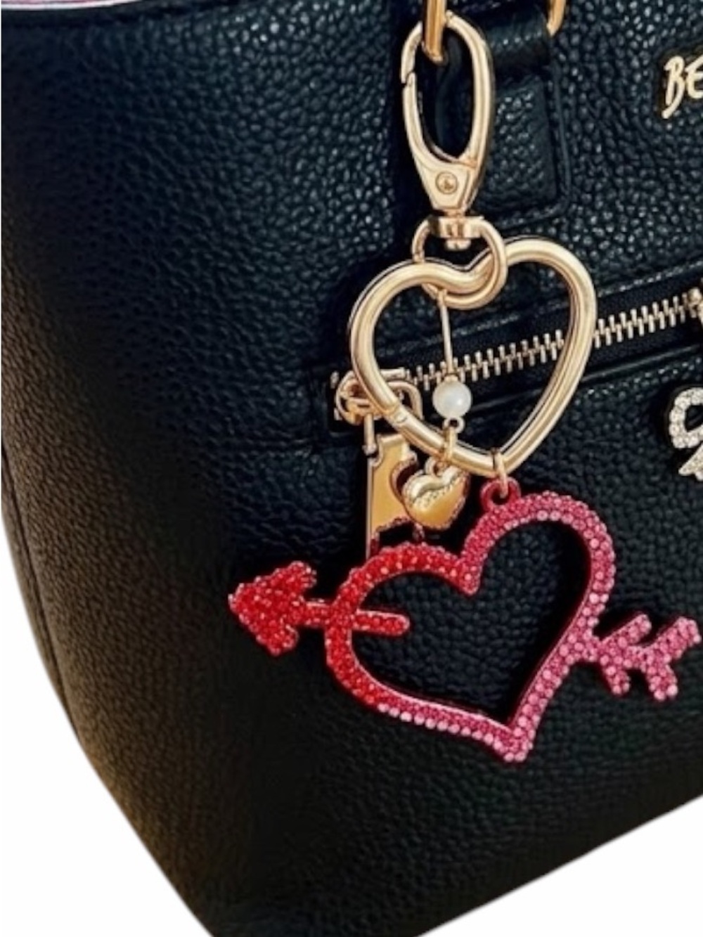 Betsey Johnson BAG CHARM Heart Arrow Key Chain Red Pink Gold Mother’s Day Gift